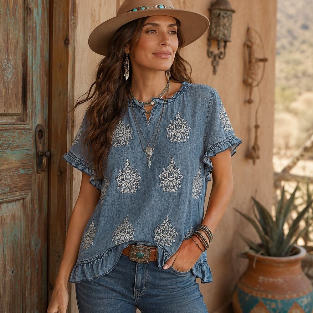Sundance Chambray Embroidered Damask Ruffle Boho Western Top Women’s Size Large